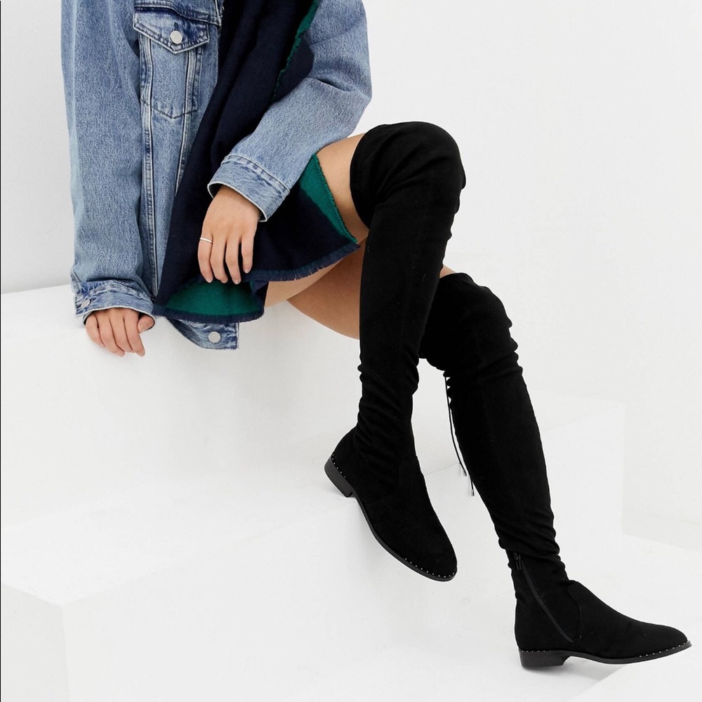 Slim Klaska Flat Studded Thigh High Boots